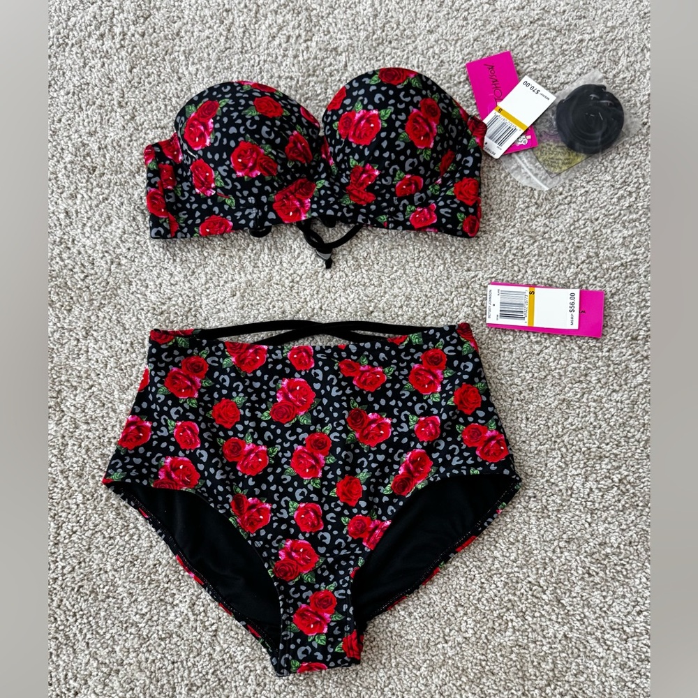 Betsey Johnson Red and Black Floral Bikini Swimwear